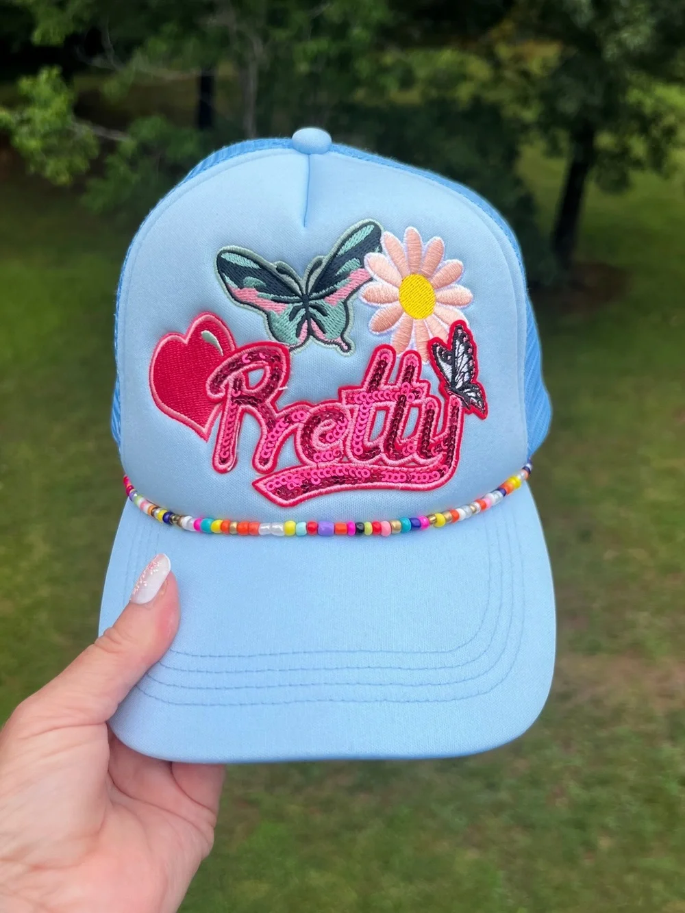 Pretty Blue Trucker Hat Butterfly Daisy Beaded Snapback NWOT